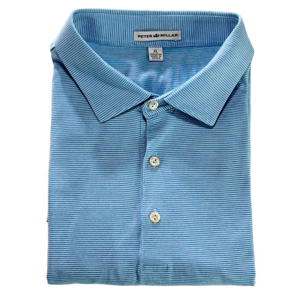 PETER MILLAR Men's Cotton Polo Shirt Light Blue Striped Short Sleeve Size XL